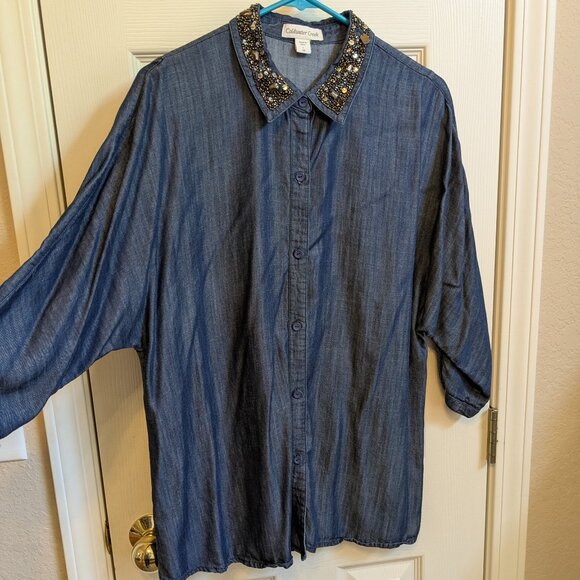 Coldwater Creek Chambray Shirt with Jeweled Collar Size 14 - Picture 1 of 11